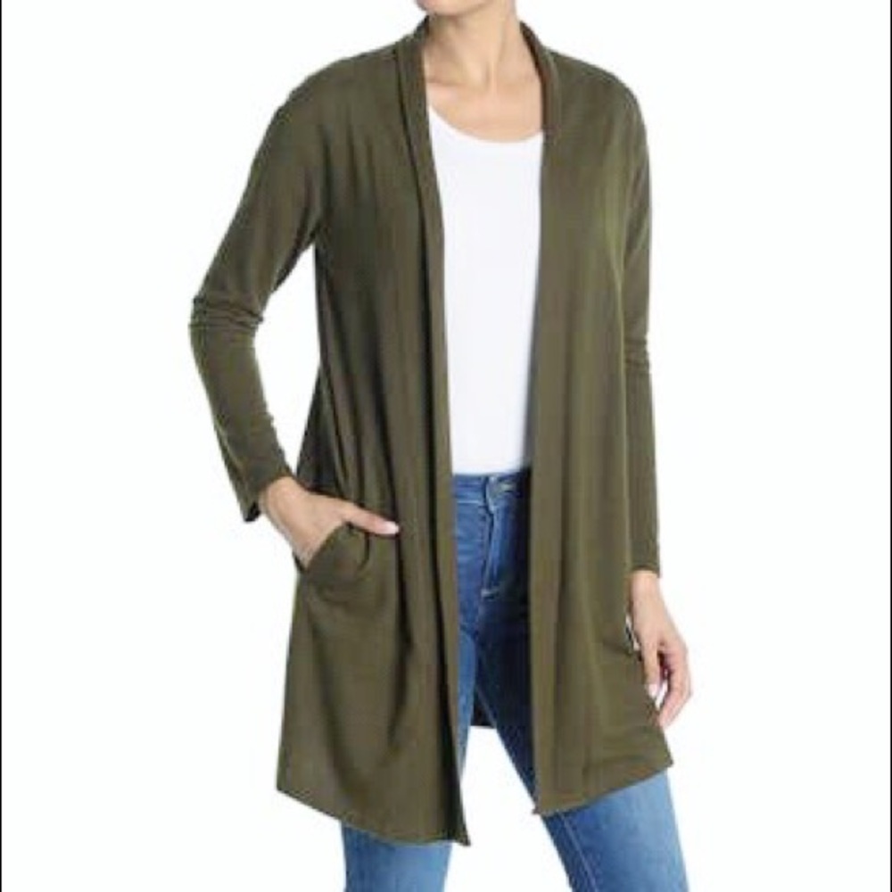 MelloDay Black Open Front Side Pockets Butter Super-Soft Olive Green Cardigan